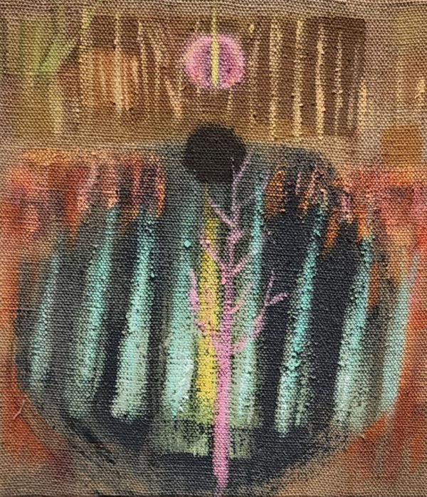 a bare pink tree with an abstract background
