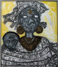 A stylized painting of a black woman and her child in gray and black tones with a yellow back round.