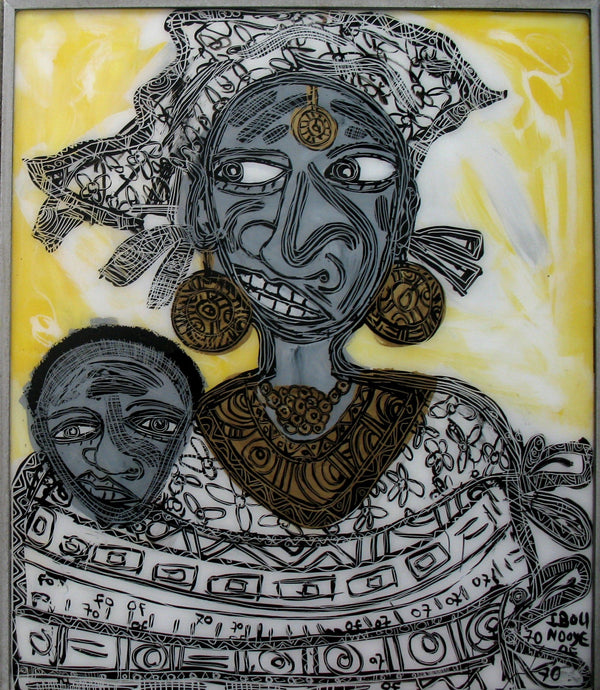 A stylized painting of a black woman and her child in gray and black tones with a yellow back round.