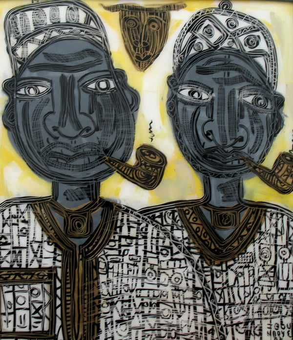 Two African men smoking pipes wearing traditional african tunics.