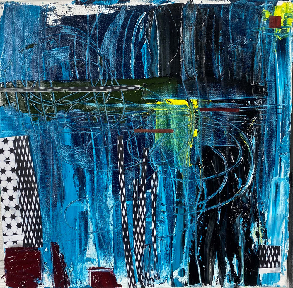 abstract painting with hues of blue, black and yellow