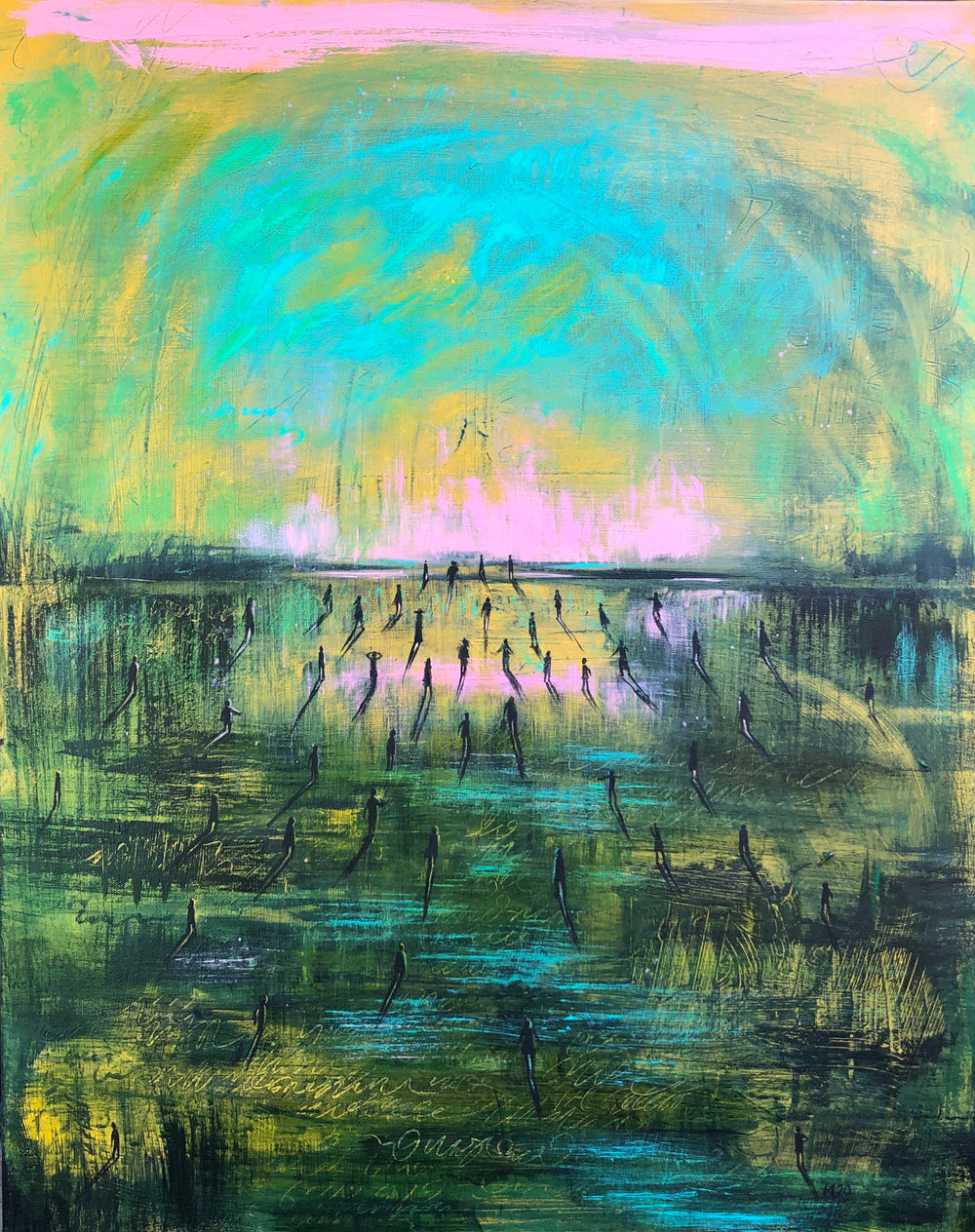 A blue and yellow sunset with tiny people fleeing to the horizon on a dark green, textured ground.