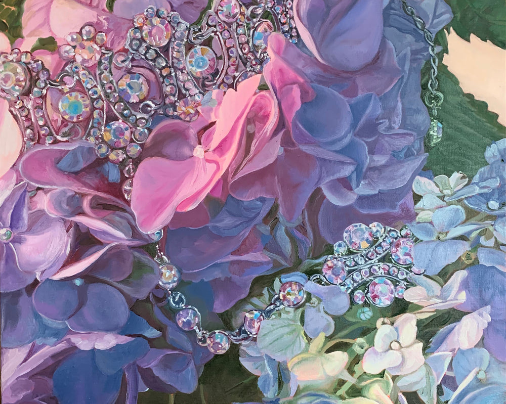 Painting of pink and purple hydrangeas that are draped with jewellery
