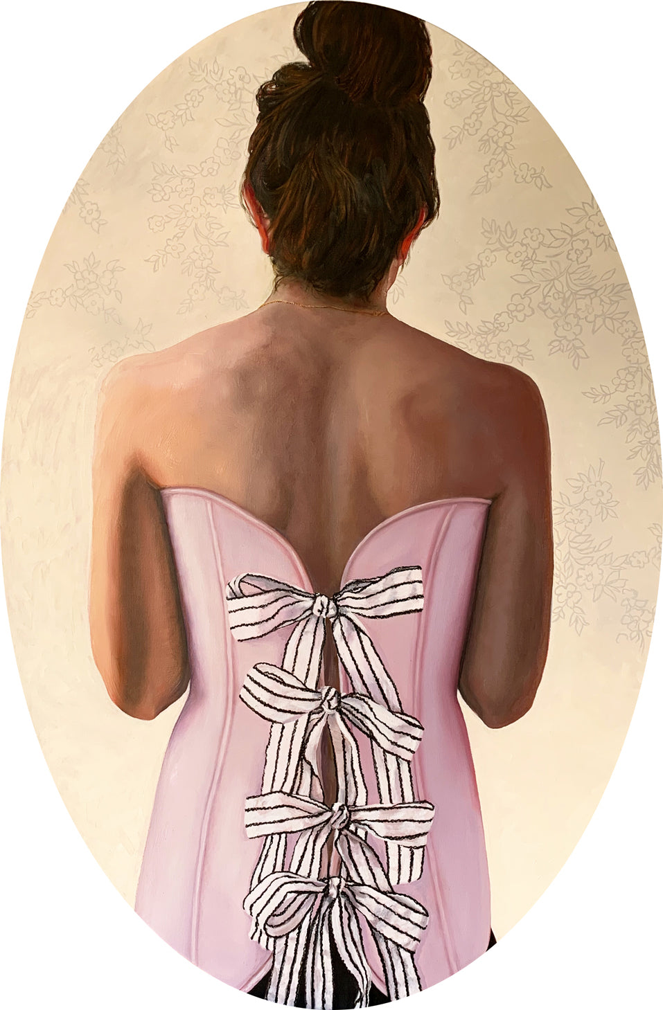 Painting featuring the back of a woman who's wearing a pink corset decorated with bows.