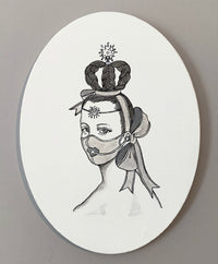 Drawing of a women wearing a face mask with a bow and her braids form a crown on the top of her head.