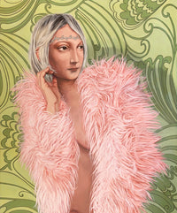 Painting featuring a woman wearing only a pink, feathery boa standing in front of a green background.