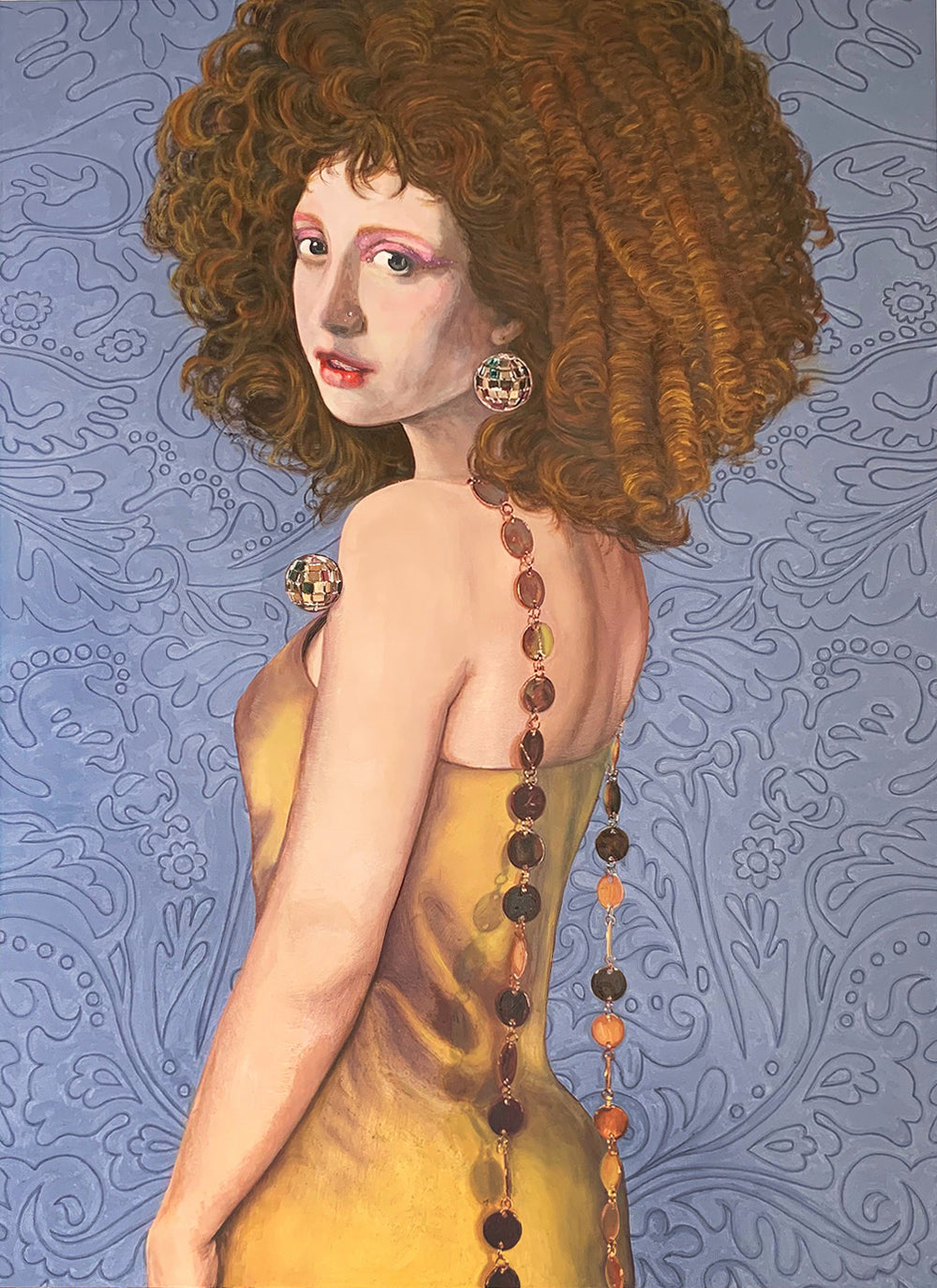 Painting of a woman with brown curls, who's wearing a yellow dress.