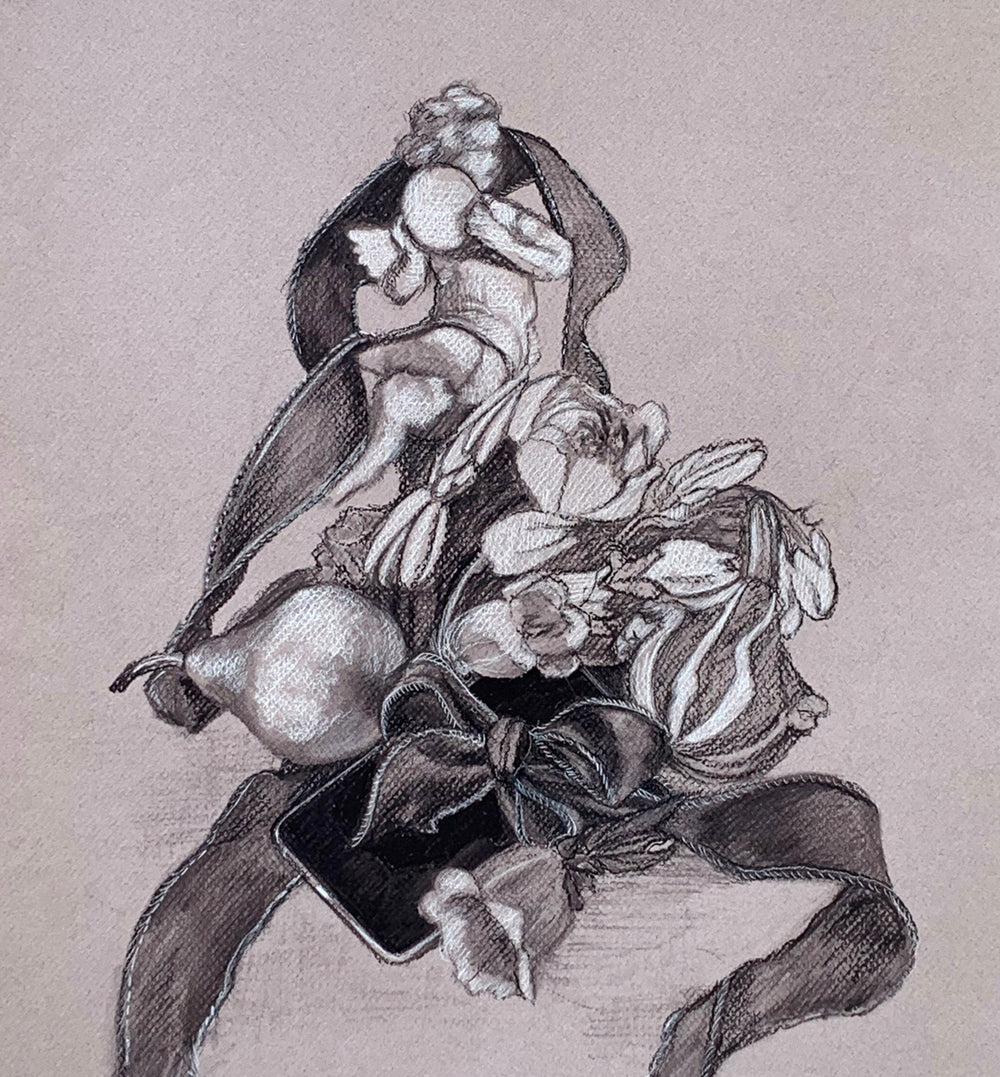 Drawing of a cherub with a bow mingled with some flowers.