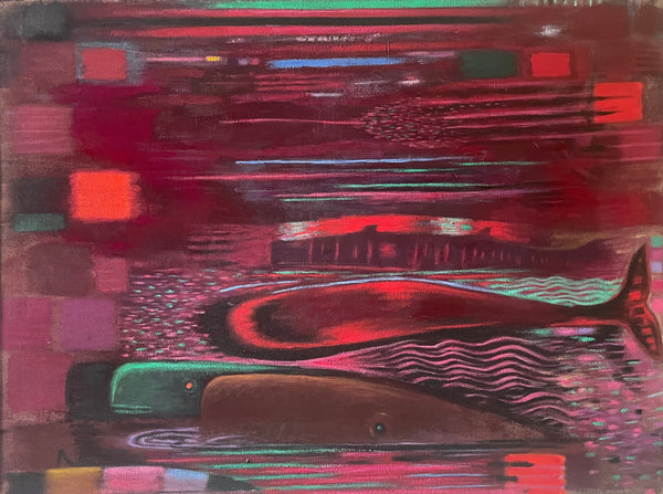 red color palette painting of three whales in water