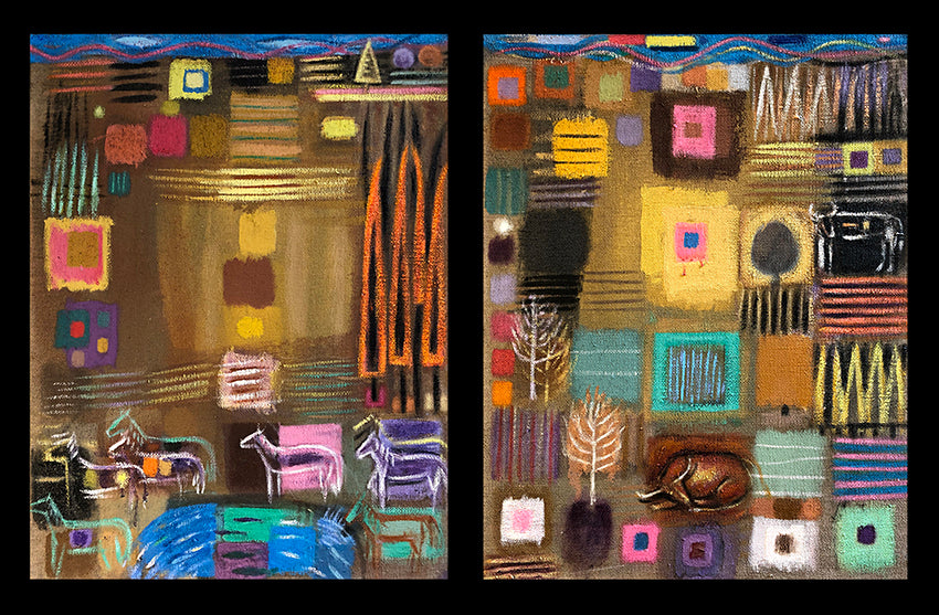 diptych cubist inspired painting of animals in a field